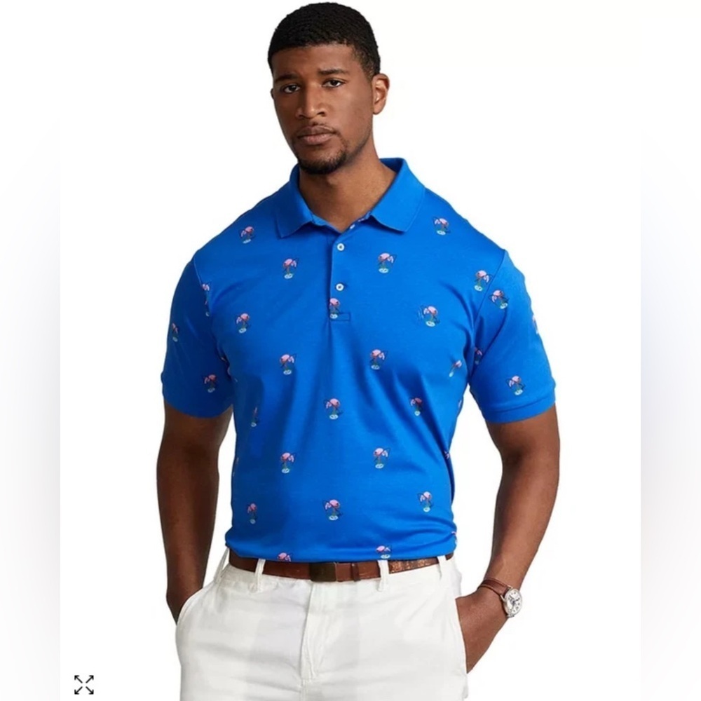 Polo Ralph Lauren Mens 2TG (2X Tall) Short Sleeve Shirt Blue Pink Flamingo